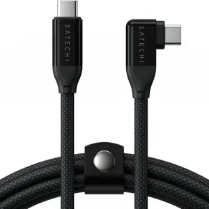 Satechi flettet USB-C-til-USB-C-kabel med rettvinklet kontakt og Satechi-logo, svart, for lading og dataoverføring