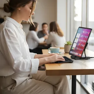 Der faltbare Satechi OntheGo Stand Hub hält ein Tablet aufrecht neben einer Tastatur auf einem Tisch im Café-Stil.