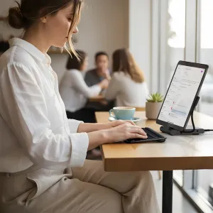 Faltbarer Satechi OntheGo Stand Hub, der ein Tablet neben einer kompakten Tastatur auf einer Tischplatte hält