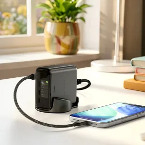 Satechi ChargeView 140W bordlader med fire USB-C-porter og sanntidsvisning av wattstyrke på et skrivebord