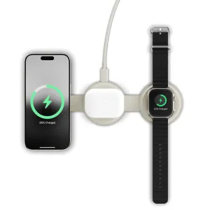 Satechi OntheGo 3-in-1 kabelloses Ladegerät mit iPhone, AirPods-Case und Apple Watch vor weißem Hintergrund