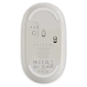 Unterseite der Satechi OntheGo Bluetooth-Maus mit Ein-/Ausschalter, Gerätetasten und Gleitfüßen
