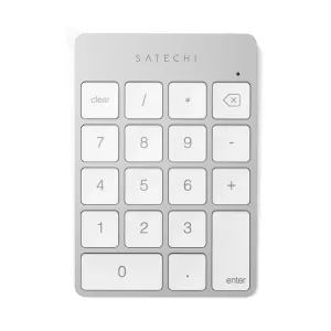 Satechi slimmad trådlös Bluetooth-knappsats i silver med numeriska tangenter, clear- och enter-tangenter samt indikatorlampa.
