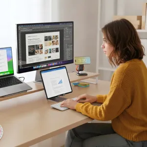 Satechi EX1 Slim trådløst tastatur med nordisk layout på et skrivebord i et ryddig hjemmekontoroppsett