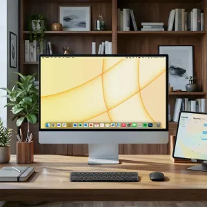 Satechi EX1 Slim trådløst tastatur med nordisk oppsett på et skrivebord i tre på et hjemmekontor