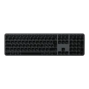 Satechi EX3 plānā bezvadu tastatūra ar Ziemeļvalstu izkārtojumu, pilna izmēra taustiņiem un cipartastatūru kosmosa melnā krāsā.