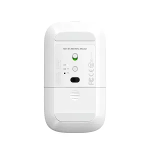 Satechi Slim EX trådløs mus, underside i hvitt, med batteriluke, paringsknapp og strømbryter synlig