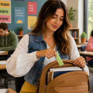 Satechi USB-C Snap Hub priekš MacBook Neo citruszaļā krāsā, attēlots kā kompakts 6-in-1 USB-C centrmezgls mugursomā