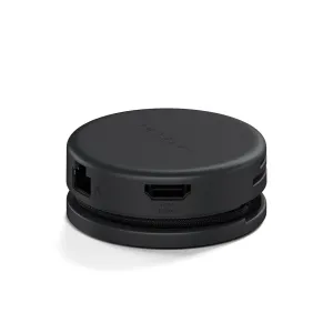 Satechi OntheGo 7-in-1-Multiport-Adapter in Space-Schwarz mit HDMI- und Ethernet-Anschlüssen, dargestellt in einem kompakten, runden Design.