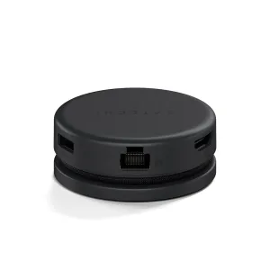 Satechi OntheGo 7-in-1-Multiport-Adapter in Schwarz mit USB-A-, HDMI- und USB-C-Anschlüssen an einem kompakten, runden Hub.