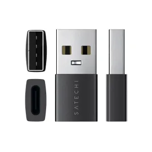 Satechi USB-A uz USB-C adapteris ar kompaktu melnu un sudraba dizainu, attēlots no vairākiem rakursiem