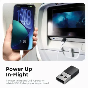 Satechi USB-A uz USB-C adapteris, attēlots ar USB-C kabeli un savienojumu ar lidmašīnas sēdekļa portu