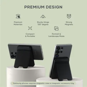 Satechi OntheGo Qi2 5K magnetisk powerbank med stativ vist festet til telefoner i stående og liggende modus