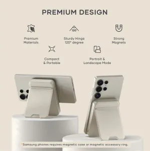 Satechi magnetisk powerbank med utfellbart stativ, vist i stående og liggende lademodus.