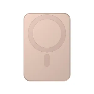 Satechi OntheGo Qi2 10K magnetisk powerbank med stativ i ørkenrose, sett forfra på hvit bakgrunn