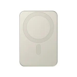 Satechi OntheGo Qi2 10K magnetisk powerbank med stativ i sandfarget finish, vist forfra