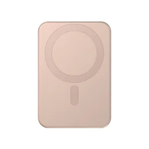 Satechi OntheGo Qi2 magnetisk powerbank med stativ i Desert Rose, vist med sirkulær ladering på hvit bakgrunn