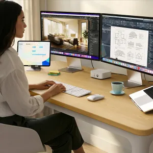 Satechi Thunderbolt 5 CubeDock desktop-dokk i en strømlinjeformet arbeidsstasjon med to skjermer
