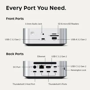 Infografikk for Satechi Thunderbolt 5 CubeDock dokkingstasjon i sølv som viser porter foran og bak med SSD-kabinett