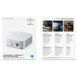 Emballasje for Satechi Thunderbolt 5 CubeDock med SSD-kabinett som viser den sølvfargede dokkingstasjonen, portene og 13-i-1-funksjonene