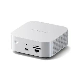 Satechi Thunderbolt 5 CubeDock-dokkingstasjon i sølv med USB-C, USB-A, SD-spor og lydkontakt.