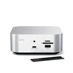 Satechi Thunderbolt 5 CubeDock-dokkingstasjon med SSD-kabinett, sølvfarget desktop-hub med USB-C, USB-A og SD-spor