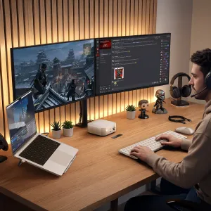 Satechi Thunderbolt 5 CubeDock, hvit skrivebordsdokk med porter foran i et moderne hjemmekontoroppsett