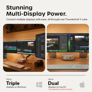 Satechi Thunderbolt 5 CubeDock-dokk i et desktop-oppsett med flere skjermer, frontporter og SSD-kabinett
