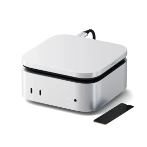 Satechi USB4 Slim NVMe SSD enclosure in silver with attached USB-C cable and removable M.2 SSD shown beside it