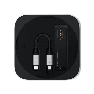 Satechi USB4 Slim NVMe SSD enclosure with installed M.2 SSD and braided USB-C cable, silver and black