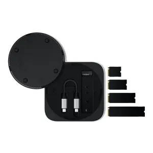 Satechi USB4 Slim NVMe SSD enclosure in black, shown with USB-C cables for external M.2 storage