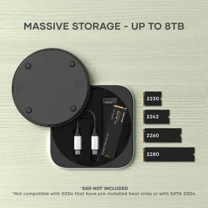 Satechi USB4 Slim NVMe SSD Enclosure shown open with USB-C cable and supported M.2 sizes 2230 to 2280