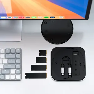 Satechi USB4 Slim NVMe SSD enclosure in black with braided USB-C cable and SSD adapter pieces
