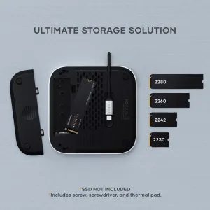 Satechi Mac Mini M4 Stand & Hub-infografik, der viser et SSD-kabinet, medfølgende værktøjer og flere NVMe-størrelser