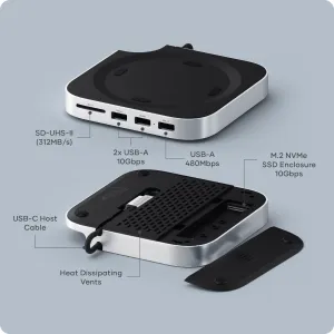 Satechi Mac Mini M4-stander og hub med SSD-kabinet, USB-A-, USB-C- og SD-kortporte på forsiden, sølvfarvet aluminium