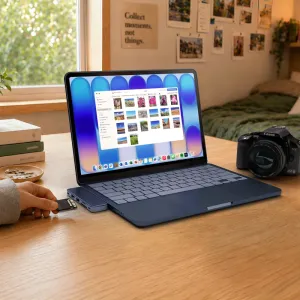 Satechi USB-C Snap Hub piestiprināts MacBook, ar ievietotu SD karti foto pārsūtīšanai