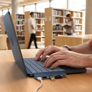 Satechi USB-C Snap Hub piestiprināts pie MacBook, ar HDMI, USB-A, SD, microSD un uzlādes pieslēgvietām