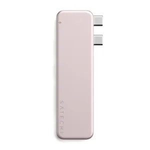 Satechi USB-C Snap Hub 6-in-1 rozā tonī, plāns dizains ar diviem USB-C savienotājiem MacBook Neo
