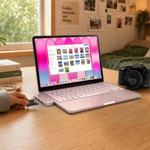 Satechi USB-C Snap Hub uz MacBook ar ievietotu SD karti, parādot plāno 6-in-1 USB-C centrmezglu.