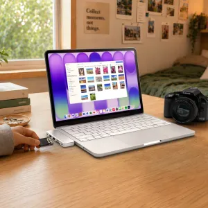 Satechi USB-C Snap Hub piestiprināts pie MacBook, ar ievietotu SD karti fotoattēlu pārsūtīšanai