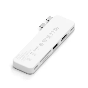 Satechi USB-C Snap Hub baltā krāsā ar diviem USB-C savienotājiem, HDMI, USB-A, SD un microSD karšu slotiem