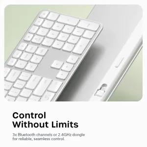 Satechi EX3 slim kabellose Tastatur in Weiß, schräge Ansicht mit Tasten in Standardgröße und Ziffernblock
