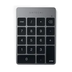 Satechi slankt trådløst numerisk tastatur med Bluetooth, grå aluminiumsfinish og nummertaster i kalkulatorstil.