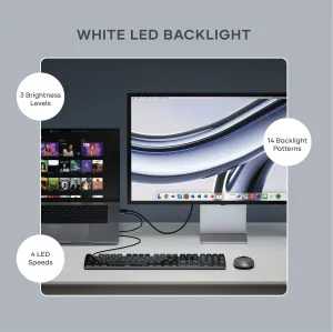 Satechi SM3 slankt mekanisk Bluetooth-tastatur med bakbelysning og nordisk layout på et skrivebord med bærbar PC og skjerm