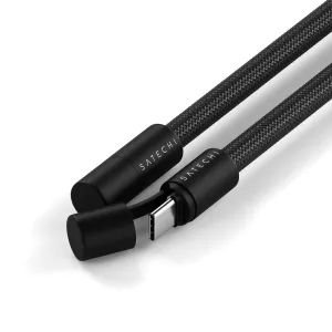 Melns pīts Satechi USB-C kakla siksniņas kabelis ar sudraba krāsas savienotāju un logotipu uz matētiem korpusiem