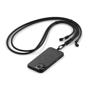 Satechi melns pīts USB-C siksniņas kabelis ar viedtālruņa klipsi un savienotāju, attēlots uz balta fona