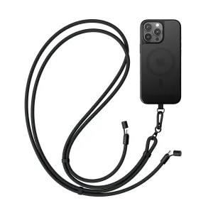 Satechi OntheGo™ USB-C auklas kabelis melnā krāsā, pīts un piestiprināts pie tālruņa maciņa pārnēsājamai lietošanai