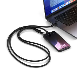 Satechi OntheGo USB-C aukliņas kabelis melnā krāsā, attēlots savienots ar viedtālruni un klēpjdatoru