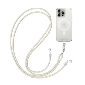 Satechi OntheGo USB-C-kabel med halsrem i beige, flätad och fäst vid en smartphone med klämma