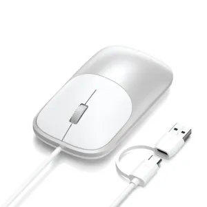 Satechi Slim LX kabelgebundene Maus in Weiß mit Scrollrad, Kabel und USB-Adapter auf schwarzem Hintergrund
